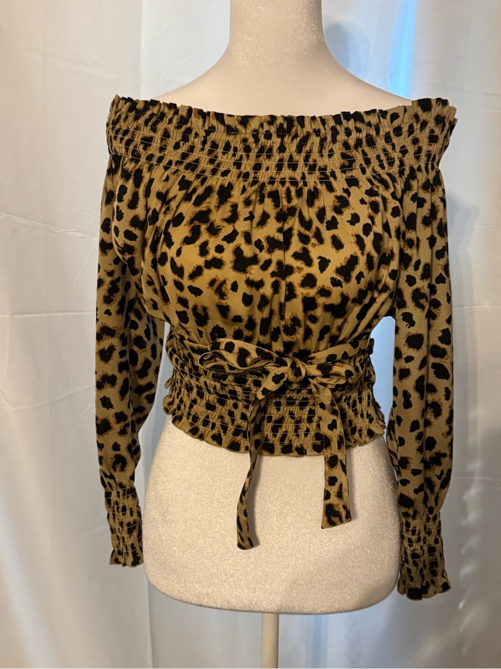Express Leopard Off-Shoulder Tie-Waist Blouse - Tan & Black